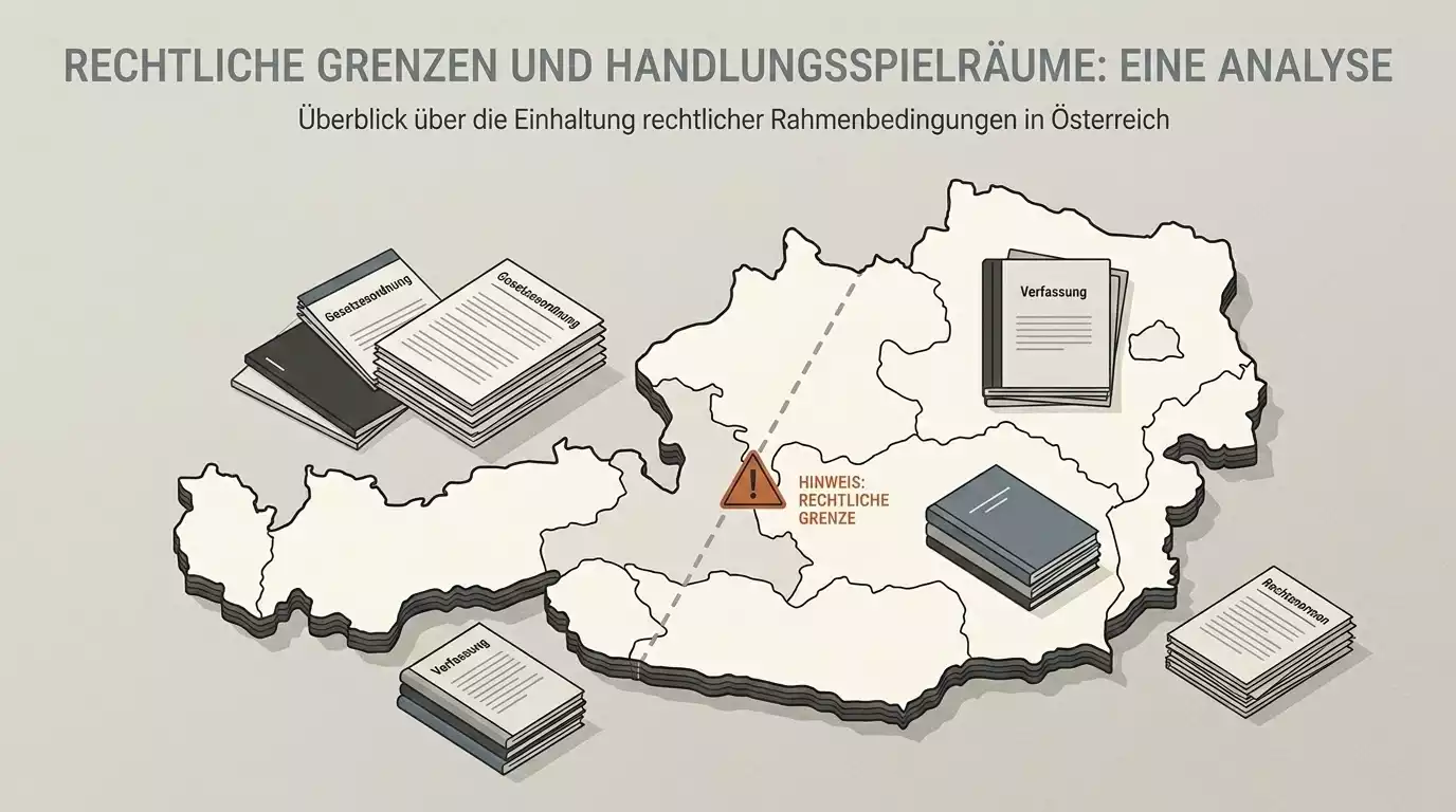 Abstrakte Darstellung von Österreich, Dokumenten und einer rechtlichen Grenze