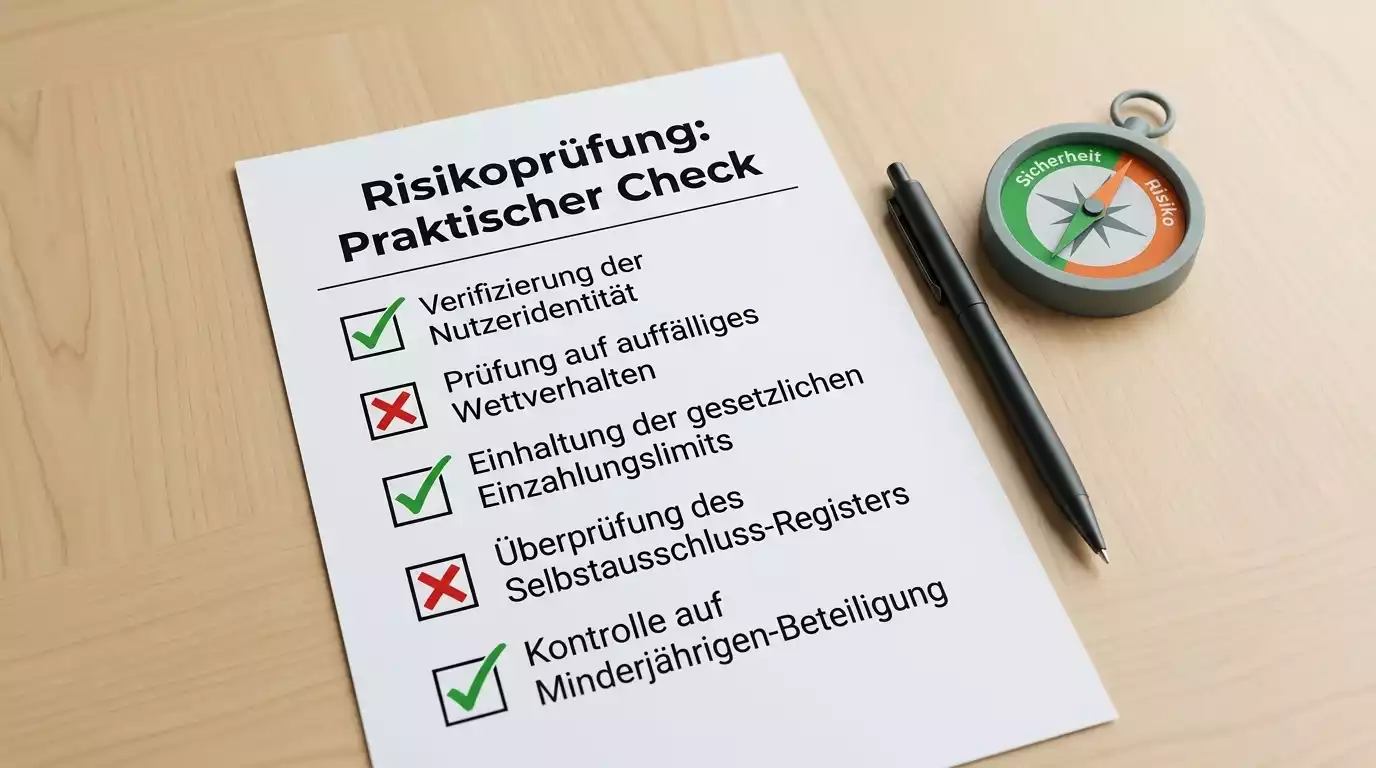 Checkliste mit Risiko- und Sicherheitsmarkierungen vor einer Glücksspielentscheidung