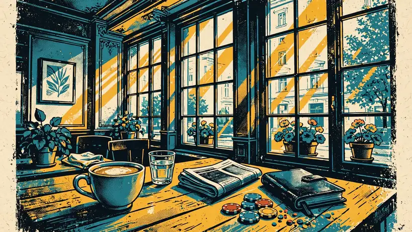 Wiener Kaffeehaus mit Melange, Tageszeitung und Spielchips auf dem Holztisch.