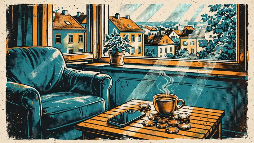 Modernes Wiener Wohnzimmer mit Smartphone, Casino-Chips und Edelweiß auf der Fensterbank.