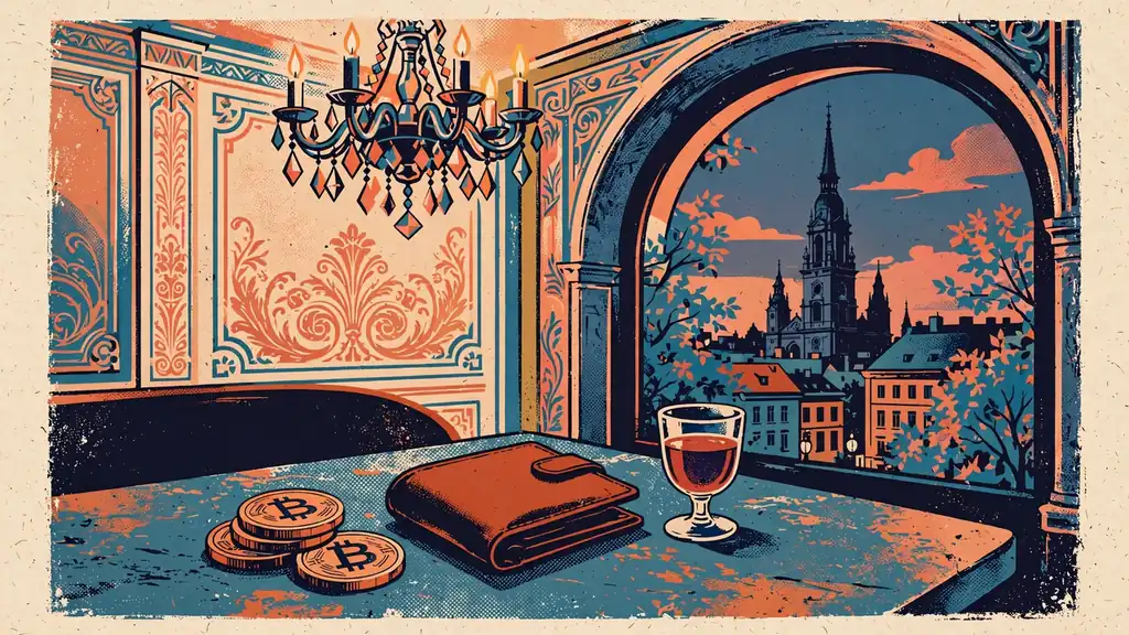 Wiener Kaffeehaus-Ambiente mit Krypto-Münzen und Stephansdom im Hintergrund.