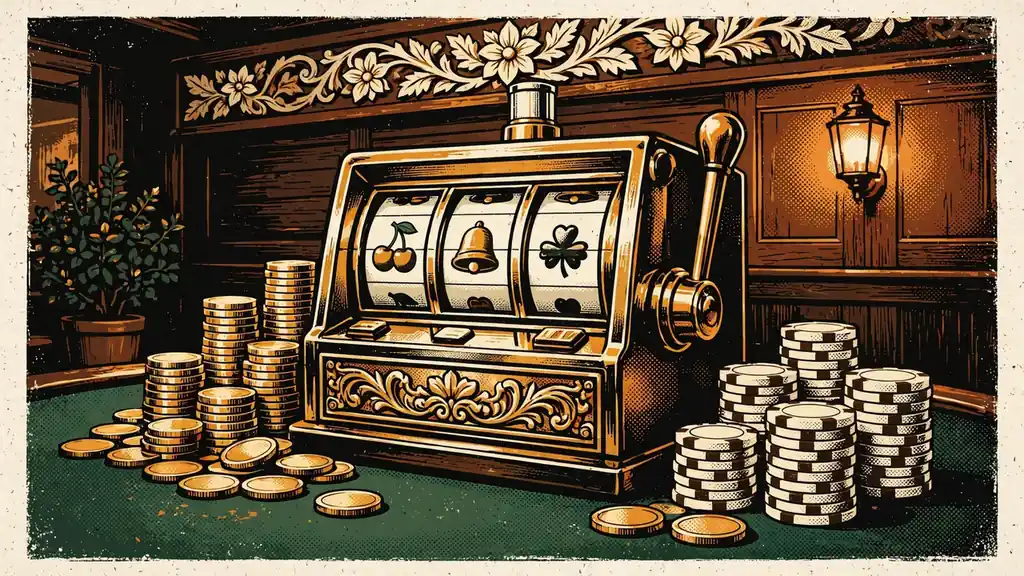 Ein leuchtender Spielautomat in einem österreichischen Spielsaal mit Goldmünzen und Casino-Chips auf grünem Filztisch.