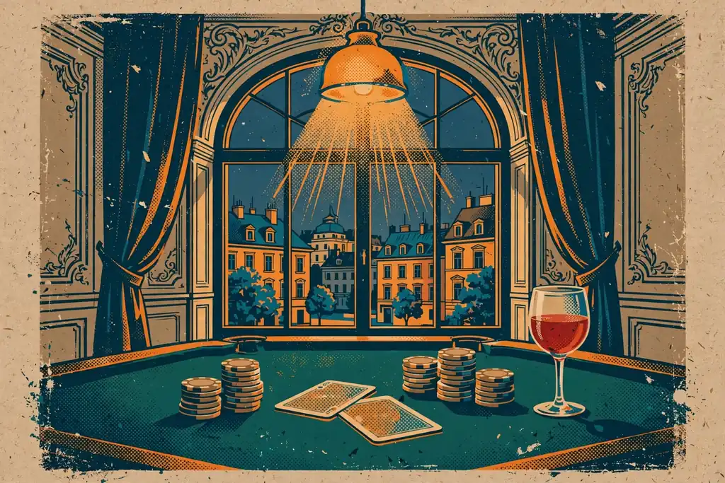 Elegantes Wiener Casino-Interieur mit gestapelten Jetons und Spielkarten auf grünem Filztisch.