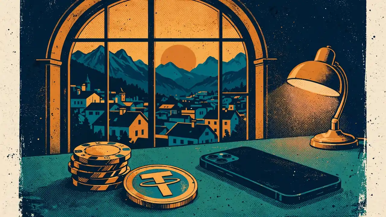 Casino-Chips und goldene Tether-Münze auf grünem Filztisch vor österreichischer Abendkulisse mit Bergen