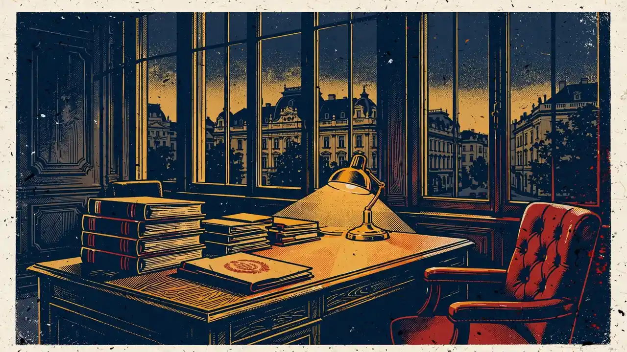 Dunkles Wiener Büro mit Schreibtisch, Aktenordnern und klassischer Fassade hinter dem Fenster