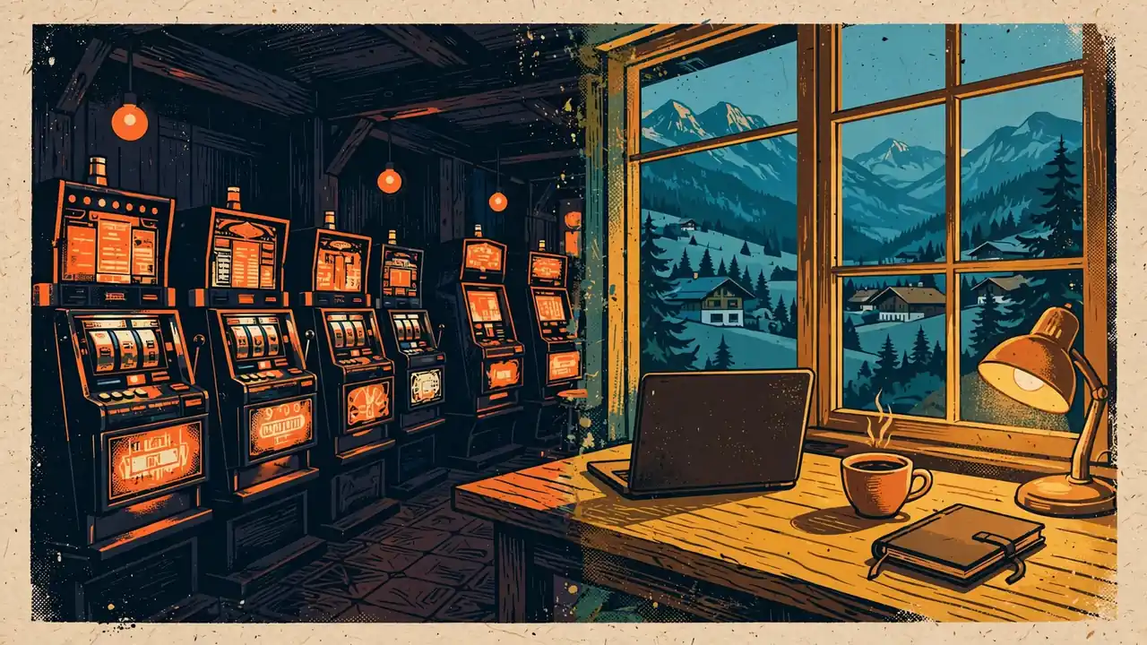 Glimmende Spielautomaten in einer österreichischen Spielhalle neben einem stillen Wohnzimmer mit Laptop.