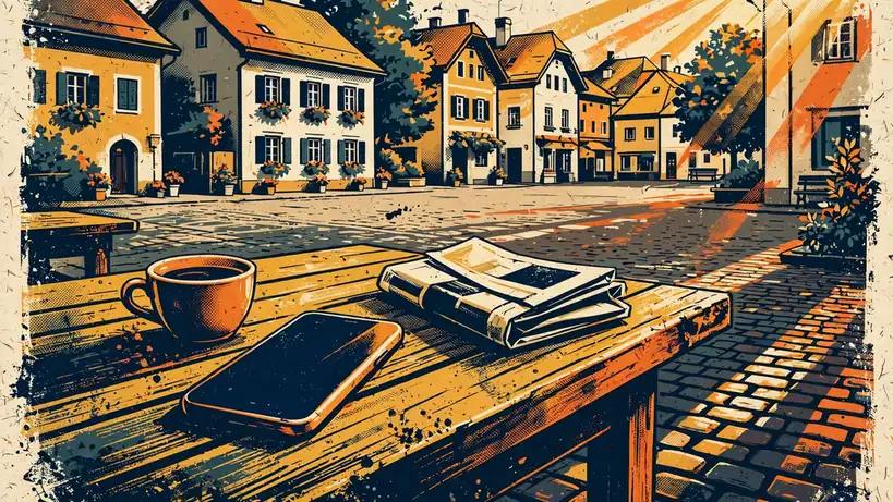 Smartphone mit dem Bildschirm nach unten auf einem Café-Tisch in einem österreichischen Stadtplatz