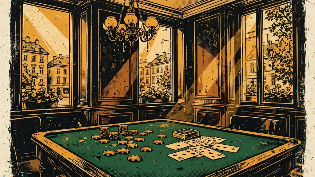 Wiener Kaffeehaus-Interieur mit Spieltisch und Karten unter warmem Licht.