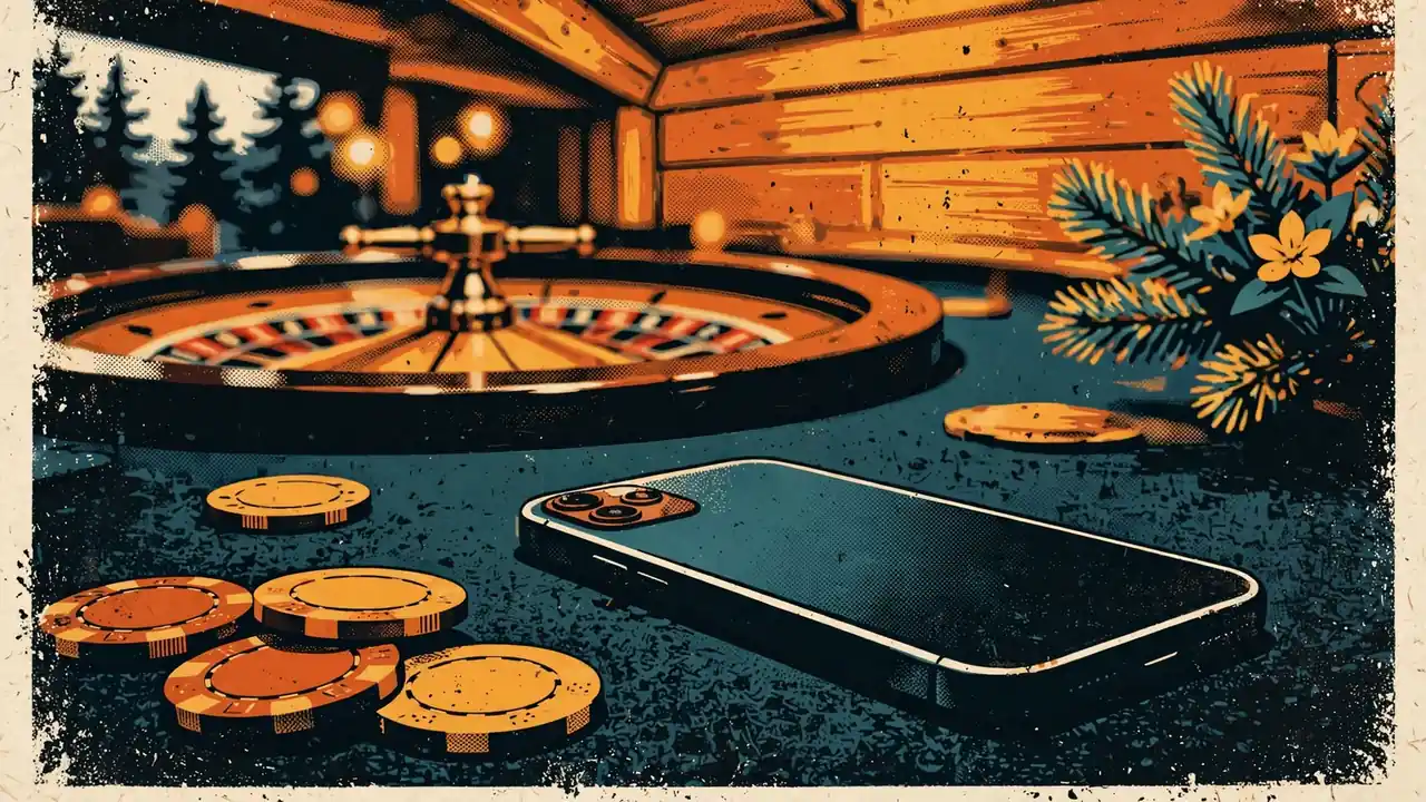 Smartphone auf Casinotisch mit Jetons und Roulette im Hintergrund.