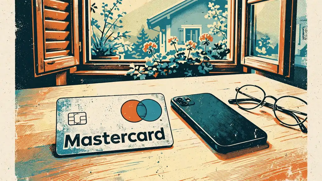 Mastercard-Karte liegt auf einem Tisch neben Smartphone und Brille