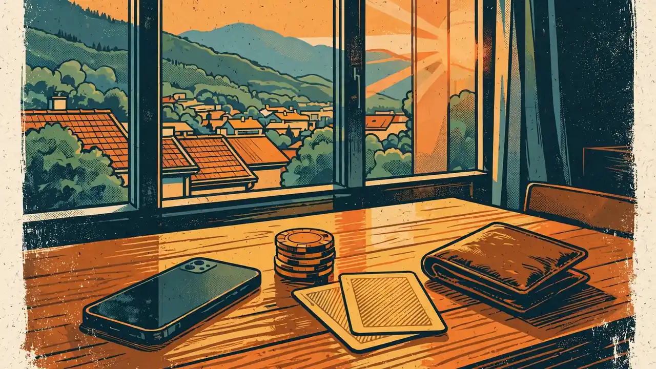 Smartphone, Casino-Chips und Spielkarten auf einem Holztisch in einer modernen österreichischen Wohnung