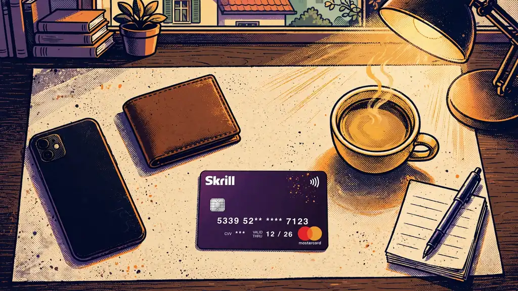 Smartphone, Skrill-Karte und Notizbuch auf einem Schreibtisch