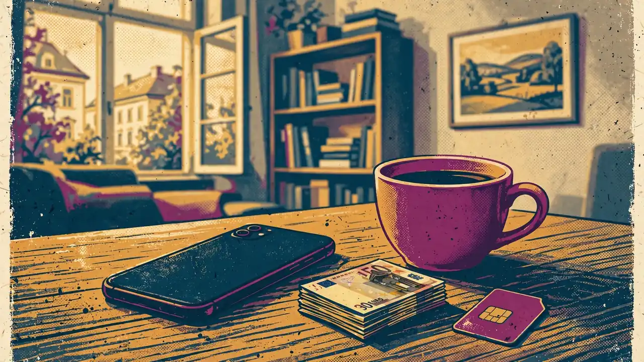 Smartphone mit magenta SIM-Karte und Euro-Scheinen auf einem Tisch in einer Wiener Wohnung.