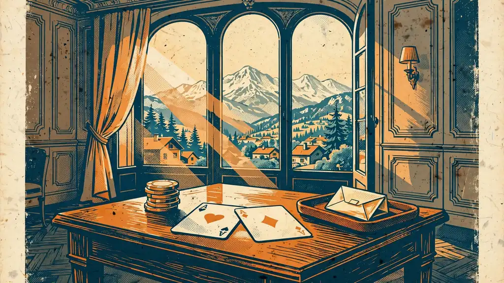 Elegantes Wiener Interieur mit Spielchips, Karten und Geschenkgutschein auf Mahagonitisch vor Alpenfenster.