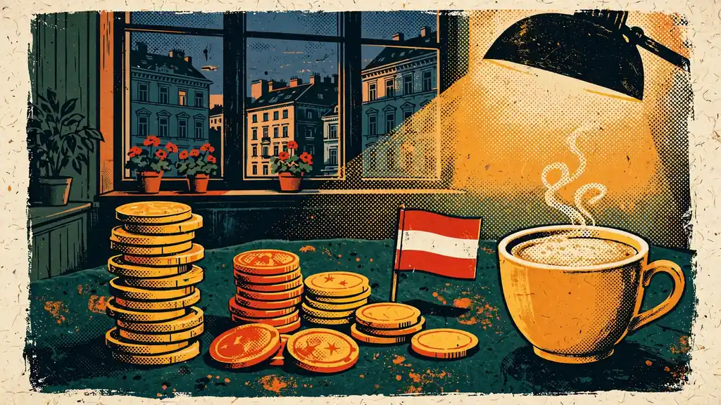 Goldmünzen und Bonus-Chips auf grünem Filz mit österreichischer Flagge und Melange in einer Wiener Wohnung.