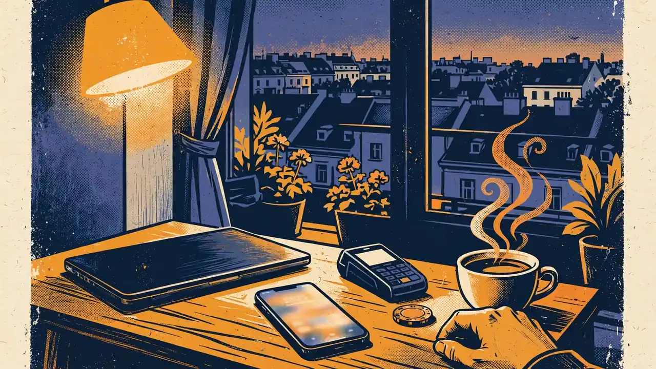 Abendliche Szene in Wiener Wohnung mit Laptop, Smartphone und Kartenleser