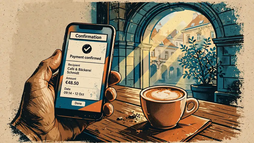 Hand hält Smartphone mit Banking-App in Wiener Kaffeehaus, Melange daneben.