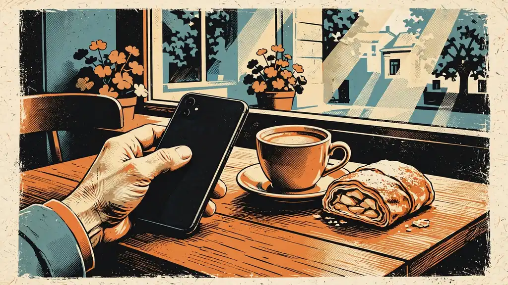 Smartphone auf einem Wiener Kaf­fee­haus­tisch neben Kaffee und Gebäck