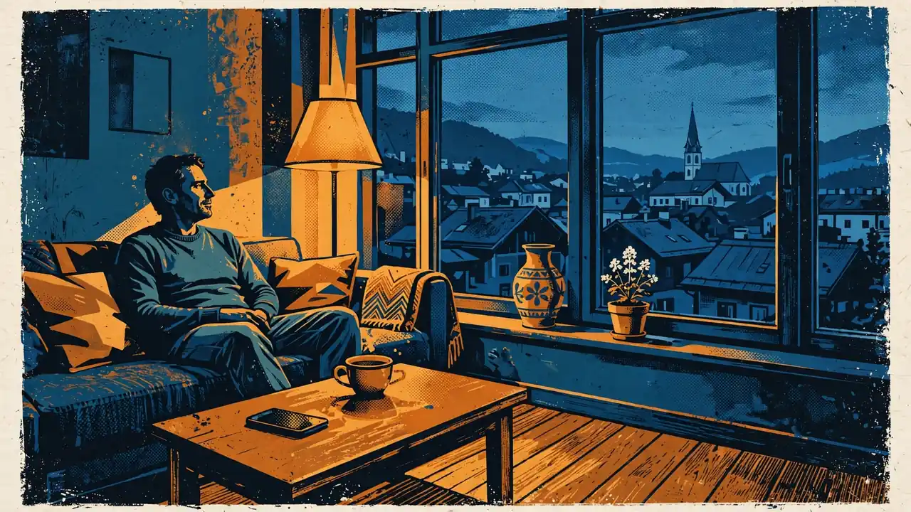Gemütliche Abendstimmung in einer modernen österreichischen Wohnung mit Smartphone und Blick auf alpine Dächer.