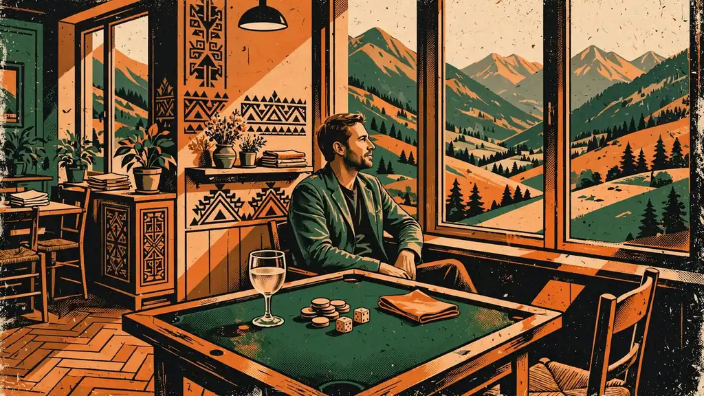 Modernes Wiener Café mit Spieltisch und Alpenblick