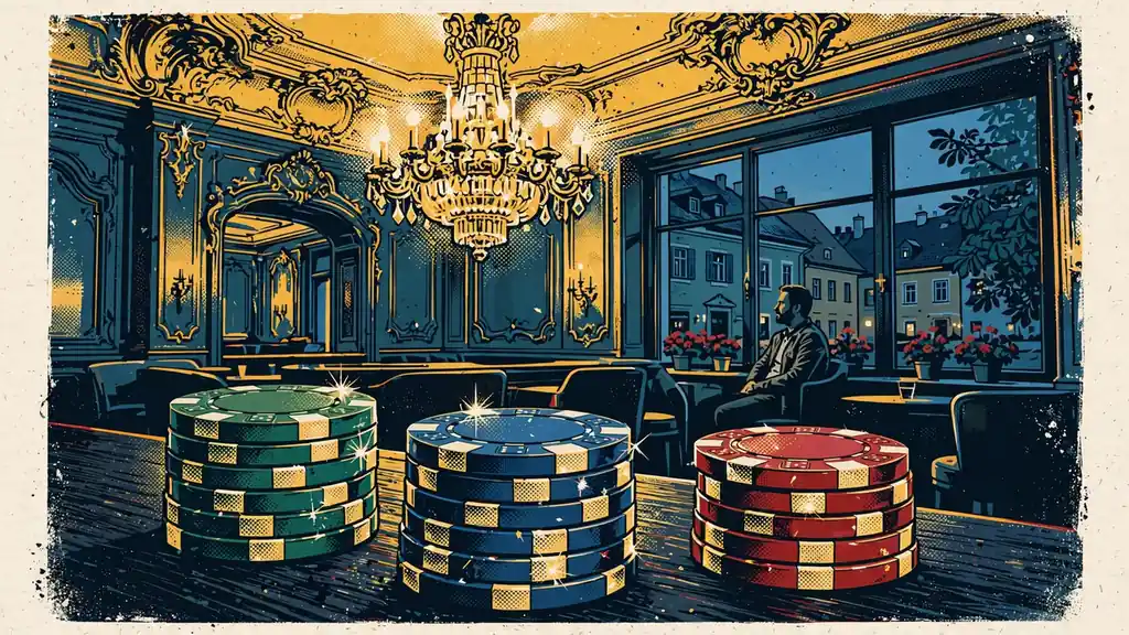 Eleganter österreichischer Casino-Salon mit barocker Deckenverzierung und funkelnden Spielchips in Juwelenfarben.