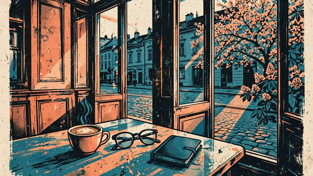 Ruhiges Wiener Kaffeehaus mit kleinem Kaffee und Notizbuch auf dem Tisch.